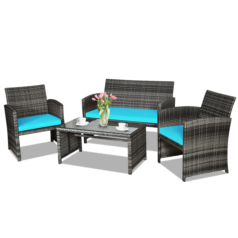 Goplus 4-teiliges Rattan-Möbelset für die Terrasse, Wicker-Rattan-Möbelset