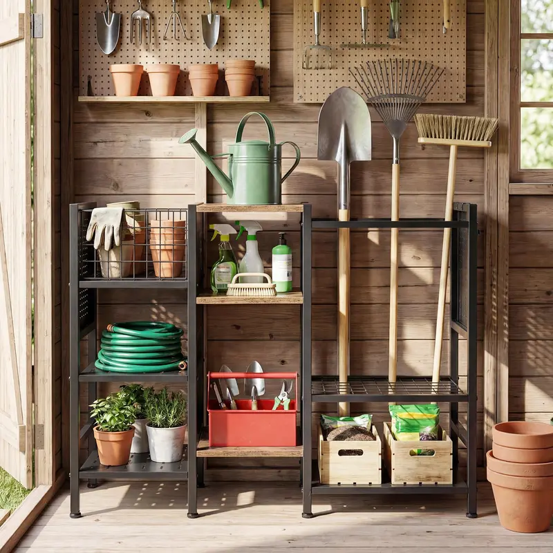 Goplus 40" breiter 3-Ebenen-Gartengeräte-Organizer mit Holzregalen 2