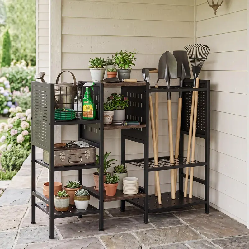 Goplus 40" breiter 3-Ebenen-Gartengeräte-Organizer mit Holzregalen