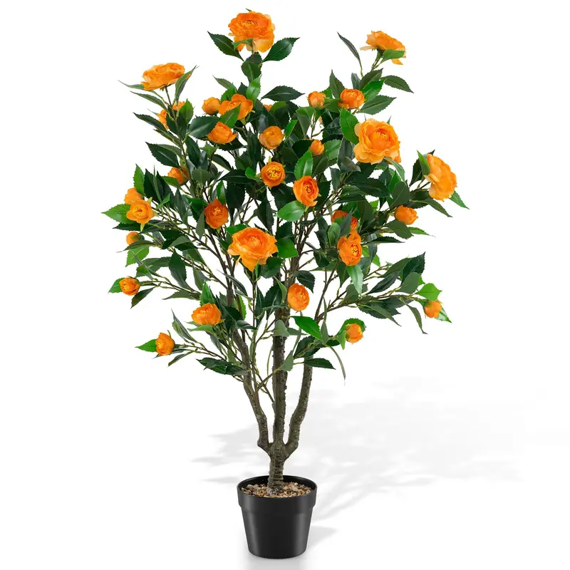 GoPlus 40" künstlicher Kamelienbaum, künstliche Kamelie im zementgefüllten Topf (1/2 Packung)