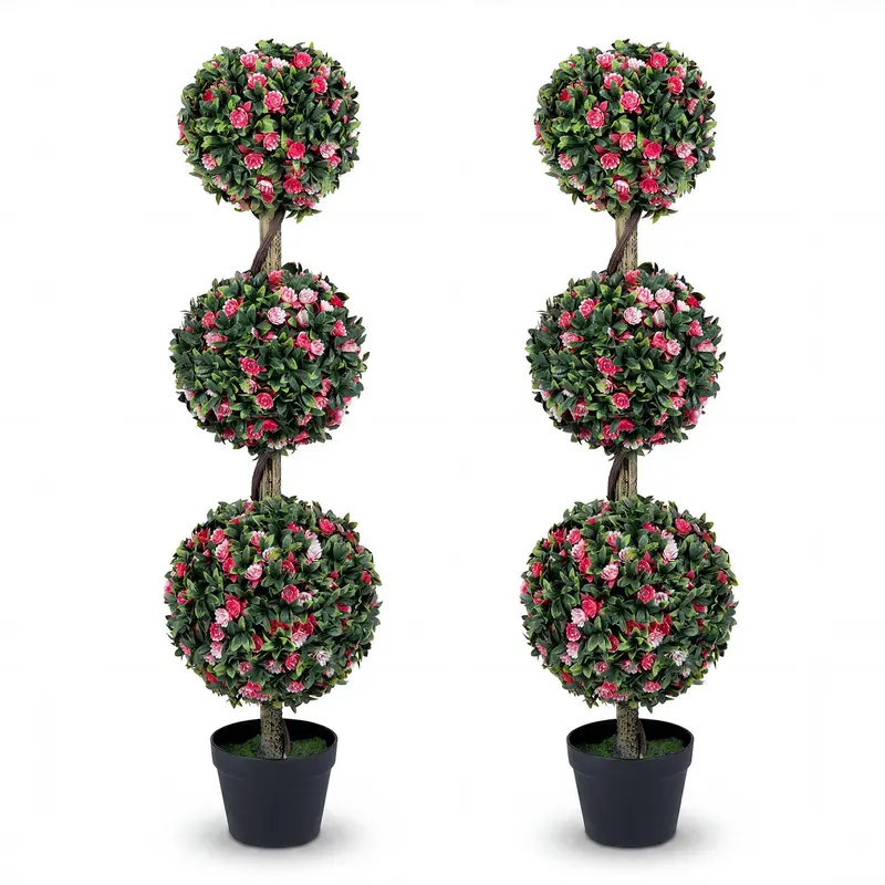 GoPlus 43,5" künstliche Blütenpflanze mit Topf – dreikugelige Rosen-Topiary (1/2 Packung)