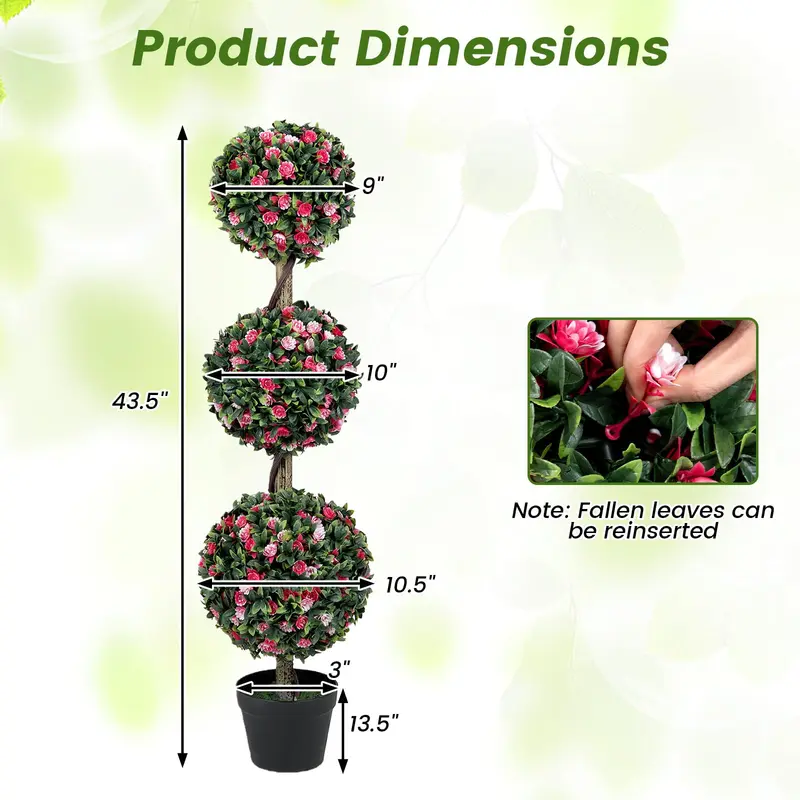 GoPlus 43,5" künstliche Blütenpflanze mit Topf – dreikugelige Rosen-Topiary (1/2 Packung)