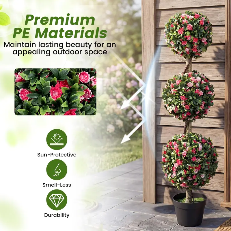 GoPlus 43,5" künstliche Blütenpflanze mit Topf – dreikugelige Rosen-Topiary (1/2 Packung)