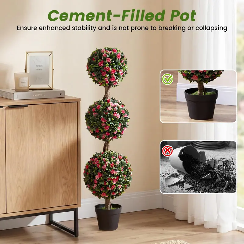 GoPlus 43,5" künstliche Blütenpflanze mit Topf – dreikugelige Rosen-Topiary (1/2 Packung)