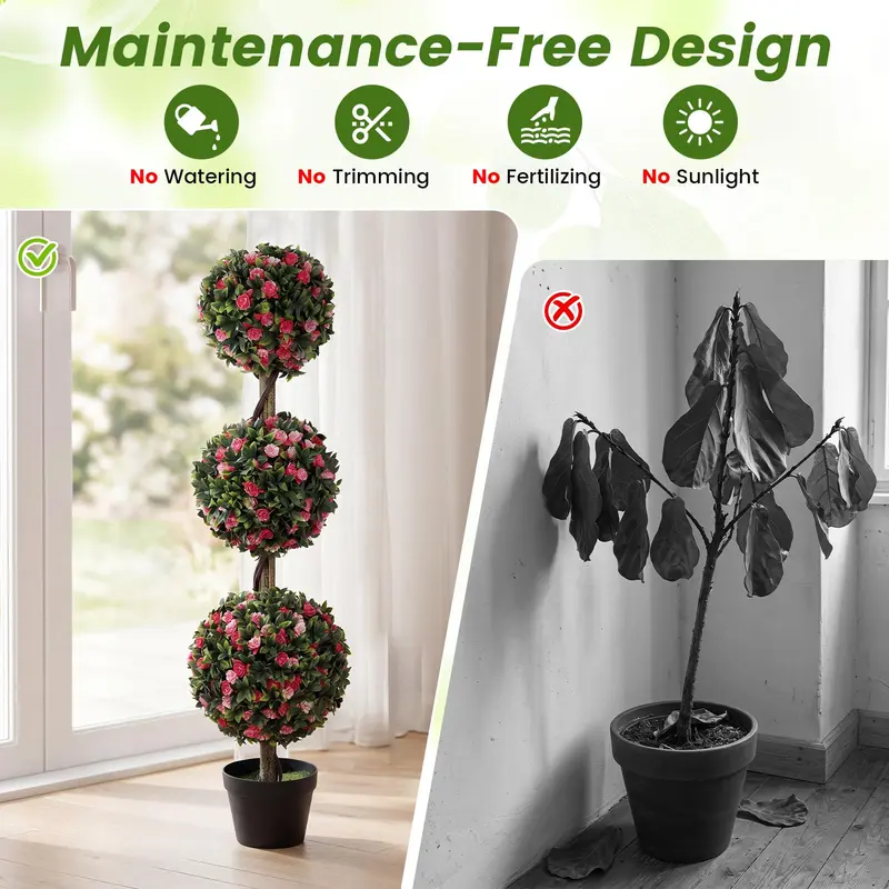 GoPlus 43,5" künstliche Blütenpflanze mit Topf – dreikugelige Rosen-Topiary (1/2 Packung)