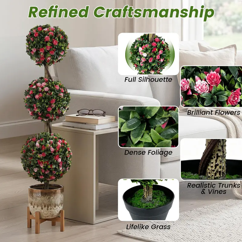GoPlus 43,5" künstliche Blütenpflanze mit Topf – dreikugelige Rosen-Topiary (1/2 Packung)