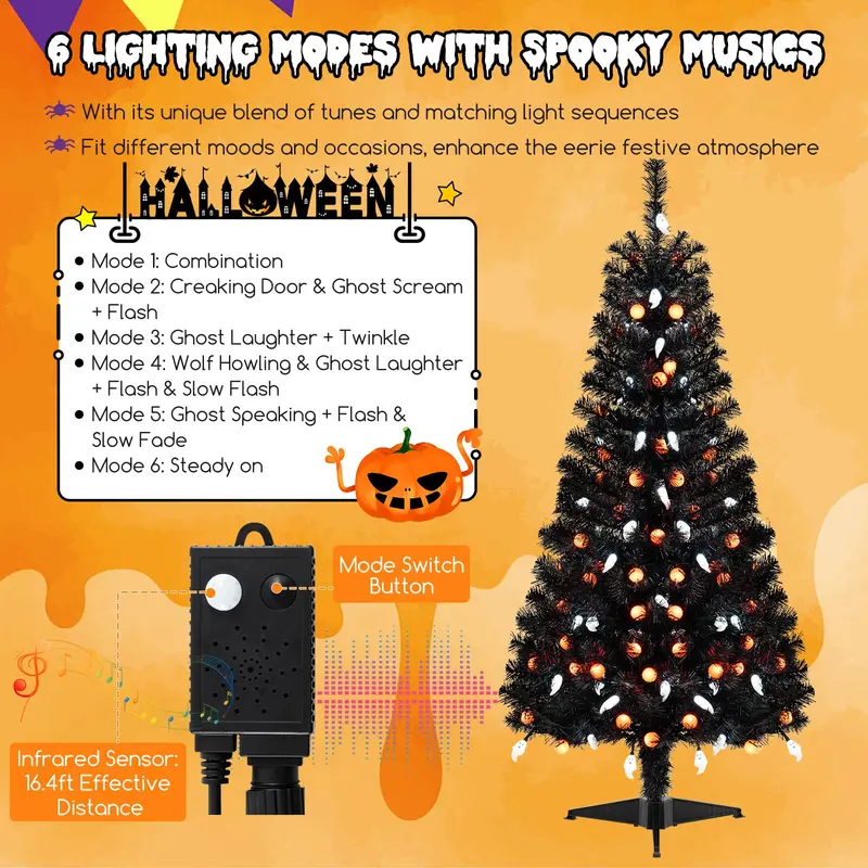 GoPlus 4,5-Fuß-Halloweenbaum mit Vorinstallierter Beleuchtung, 6 Lichtmodi und synchroner gruseliger Musik