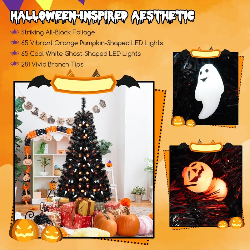 GoPlus 4,5-Fuß-Halloweenbaum mit Vorinstallierter Beleuchtung, 6 Lichtmodi und synchroner gruseliger Musik