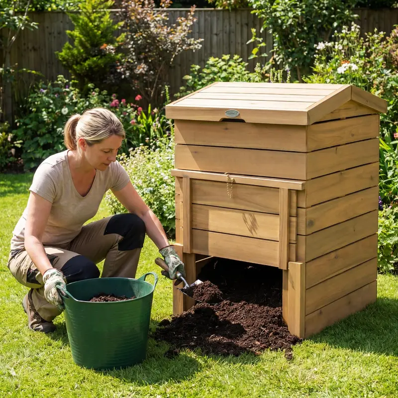 GoPlus 48-Gallonen-Kompostbehälter aus massivem Holz mit verriegelbarer Schiebetür und klappbarem Deckel 2