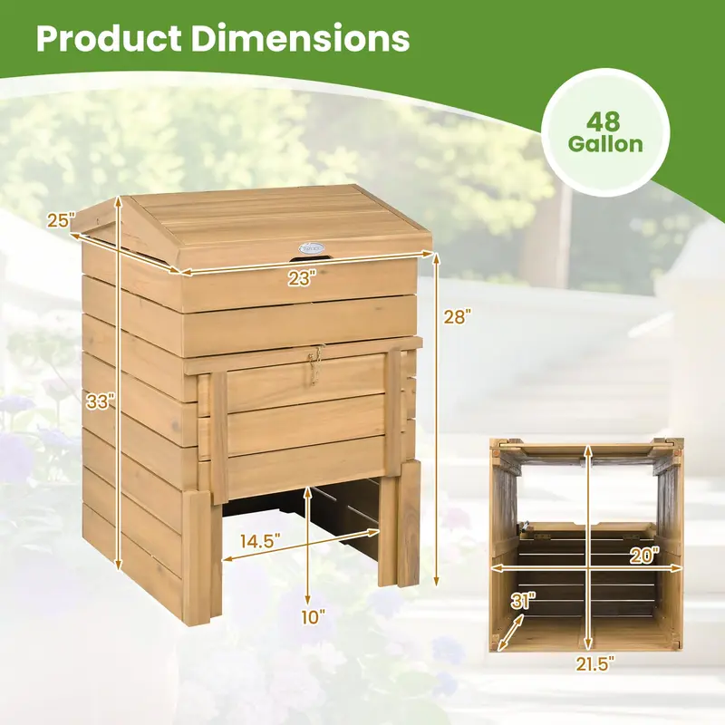 GoPlus 48-Gallonen-Kompostbehälter aus massivem Holz mit verriegelbarer Schiebetür und klappbarem Deckel