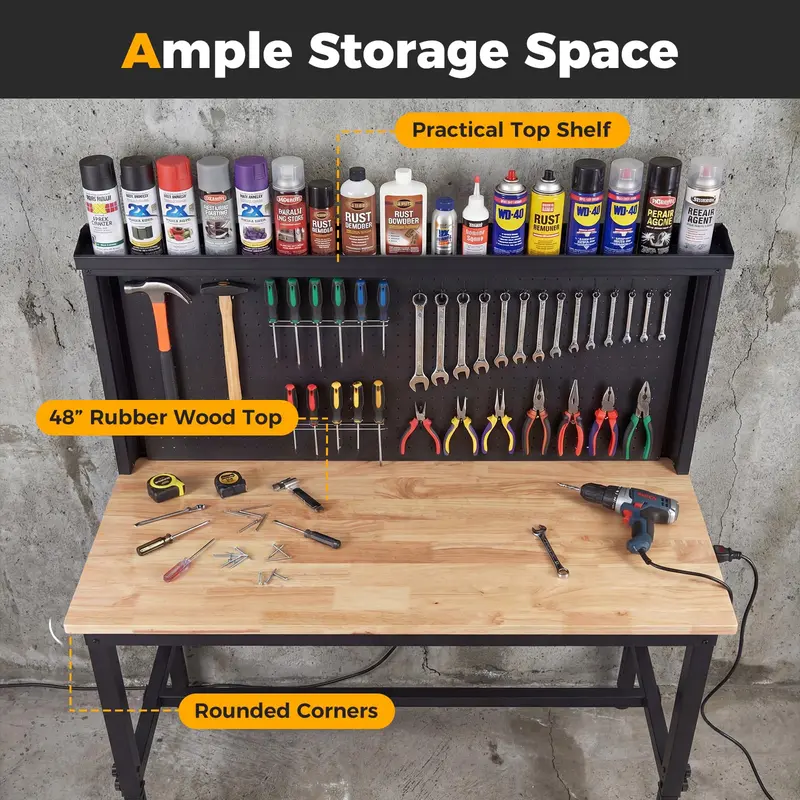 Goplus 48" Heavy-Duty-Arbeitstisch mit AC-/USB-Anschlüssen und Lochwand 2