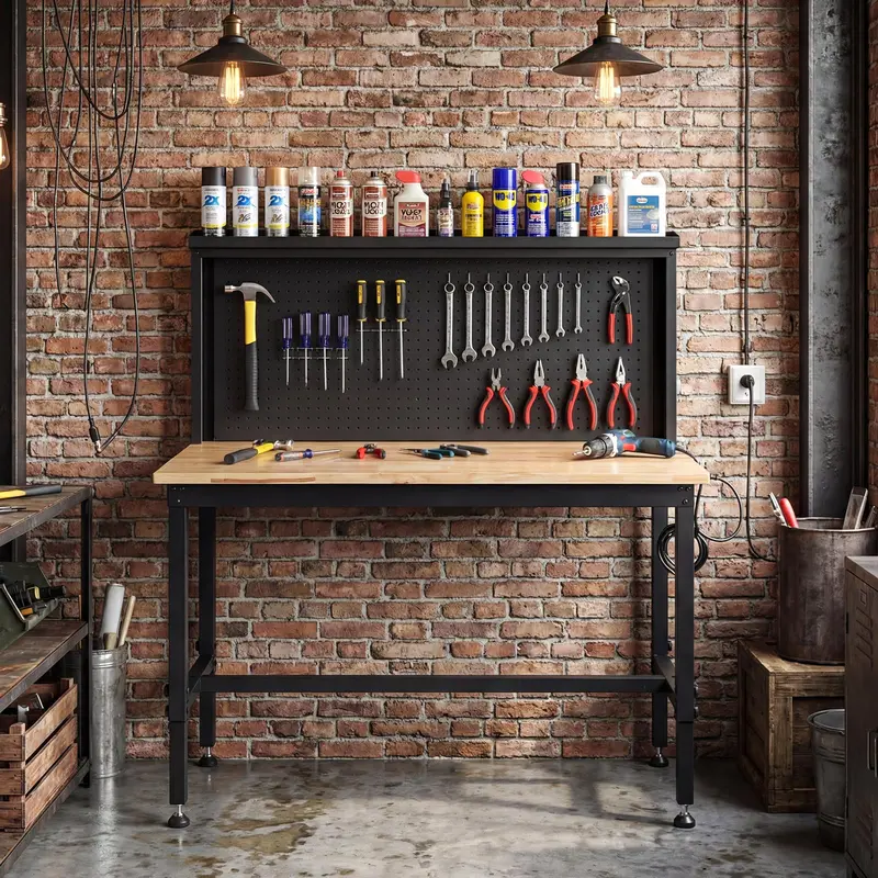 Goplus 48" Heavy-Duty-Arbeitstisch mit AC-/USB-Anschlüssen und Lochwand