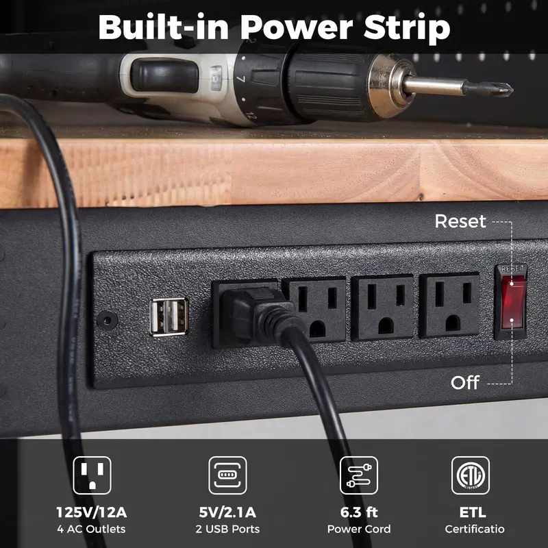 Goplus 48" Heavy-Duty-Arbeitstisch mit AC-/USB-Anschlüssen und Lochwand