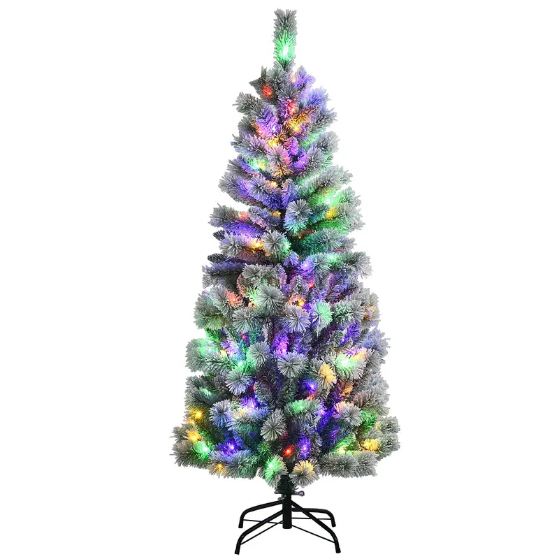GoPlus 5-Fuß-vorgefertigter, beleuchteter Schnee-besprühter Weihnachtsbaum – hochwertiger klappbarer künstlicher Kiefernbaum mit 9 Lichtmodi und 140 farbwechselnden LED-Leuchten