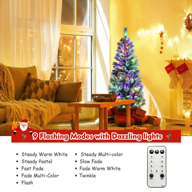 GoPlus 5-Fuß-vorgefertigter, beleuchteter Schnee-besprühter Weihnachtsbaum – hochwertiger klappbarer künstlicher Kiefernbaum mit 9 Lichtmodi und 140 farbwechselnden LED-Leuchten