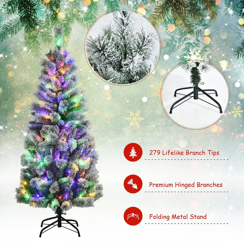 GoPlus 5-Fuß-vorgefertigter, beleuchteter Schnee-besprühter Weihnachtsbaum – hochwertiger klappbarer künstlicher Kiefernbaum mit 9 Lichtmodi und 140 farbwechselnden LED-Leuchten