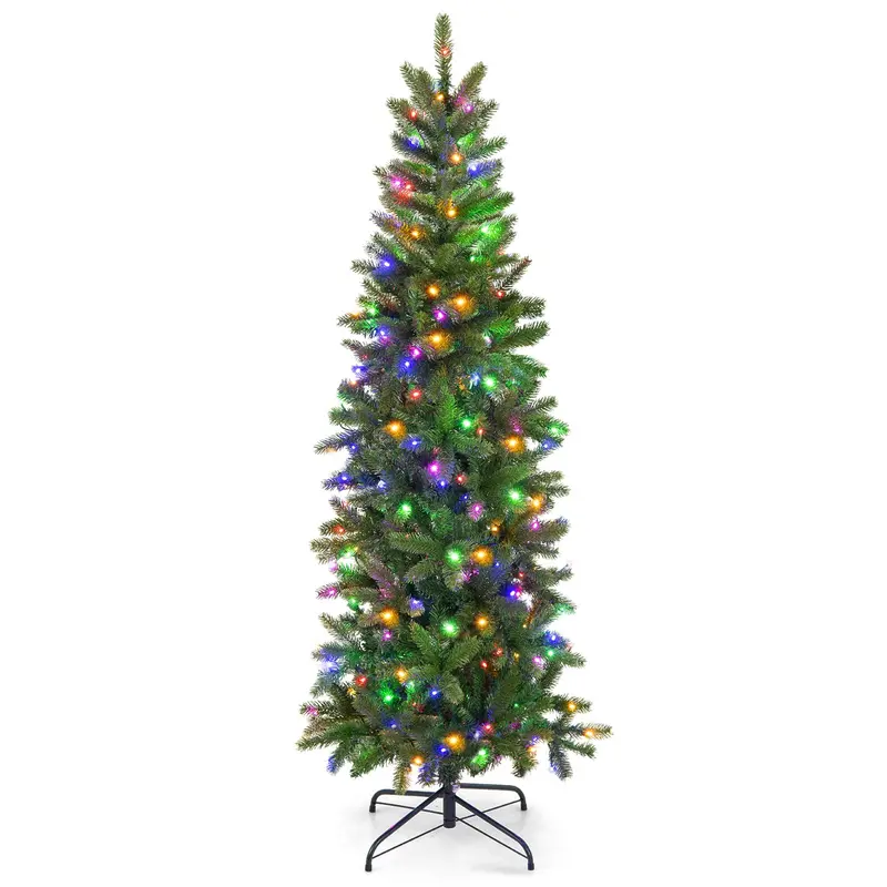 GoPlus 5-Fuß-vorgefertigter Bleistift-Weihnachtsbaum mit integrierter Beleuchtung, klappbarer künstlicher schlanker Baum mit 390 PVC-/PE-Zweigspitzen