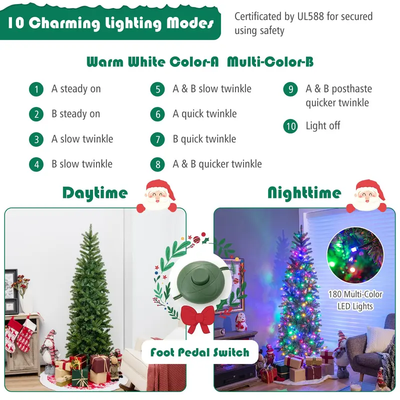 GoPlus 5-Fuß-vorgefertigter Bleistift-Weihnachtsbaum mit integrierter Beleuchtung, klappbarer künstlicher schlanker Baum mit 390 PVC-/PE-Zweigspitzen