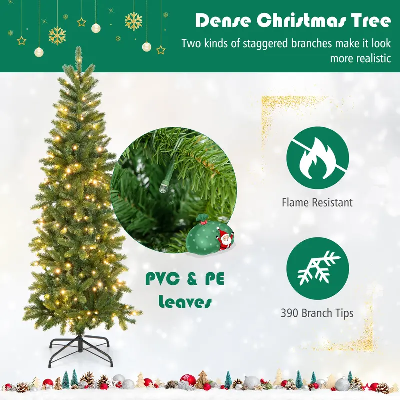 GoPlus 5-Fuß-vorgefertigter Bleistift-Weihnachtsbaum mit integrierter Beleuchtung, klappbarer künstlicher schlanker Baum mit 390 PVC-/PE-Zweigspitzen