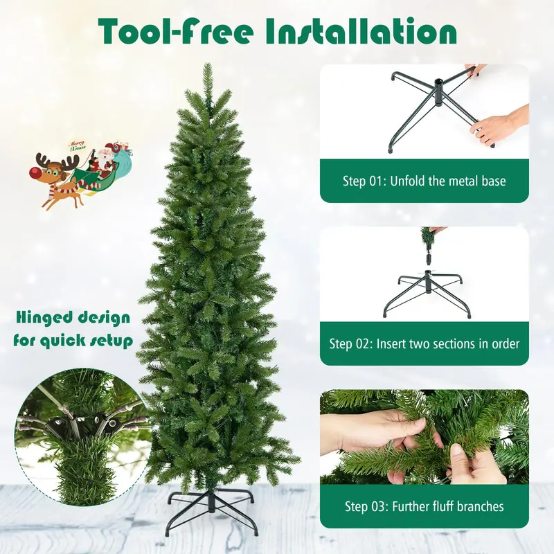 GoPlus 5-Fuß-vorgefertigter Bleistift-Weihnachtsbaum mit integrierter Beleuchtung, klappbarer künstlicher schlanker Baum mit 390 PVC-/PE-Zweigspitzen