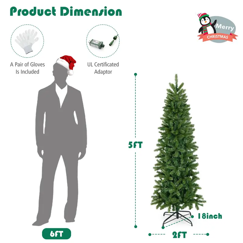 GoPlus 5-Fuß-vorgefertigter Bleistift-Weihnachtsbaum mit integrierter Beleuchtung, klappbarer künstlicher schlanker Baum mit 390 PVC-/PE-Zweigspitzen