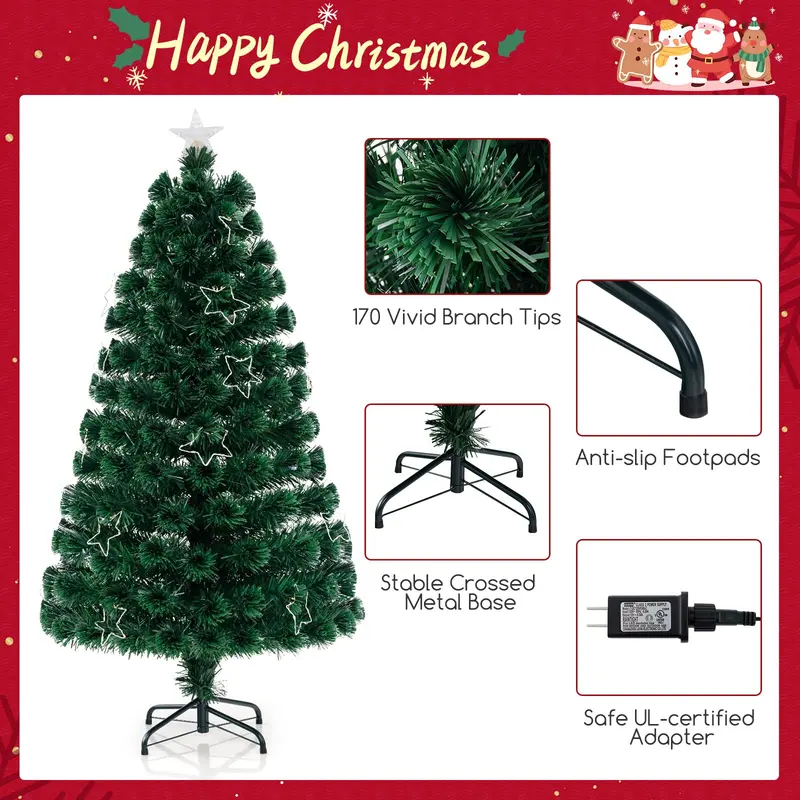 GoPlus 5-Fuß-vorgefertigter Weihnachtsbaum mit Faseroptikbeleuchtung – künstlicher, beleuchteter Weihnachtsbaum mit 24 warm-weißen, formverstellbaren Stern-Lichterketten