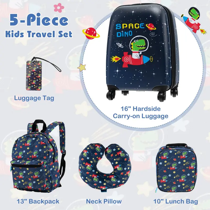 Goplus 5-teiliges Koffer-Set für Kinder: 15" Handgepäck-Koffer mit 13" Rucksack, Nackenkissen und Lunchbag 2