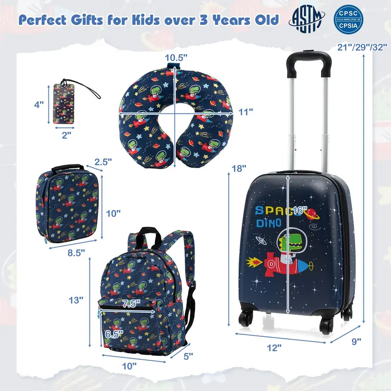 Goplus 5-teiliges Koffer-Set für Kinder: 15" Handgepäck-Koffer mit 13" Rucksack, Nackenkissen und Lunchbag