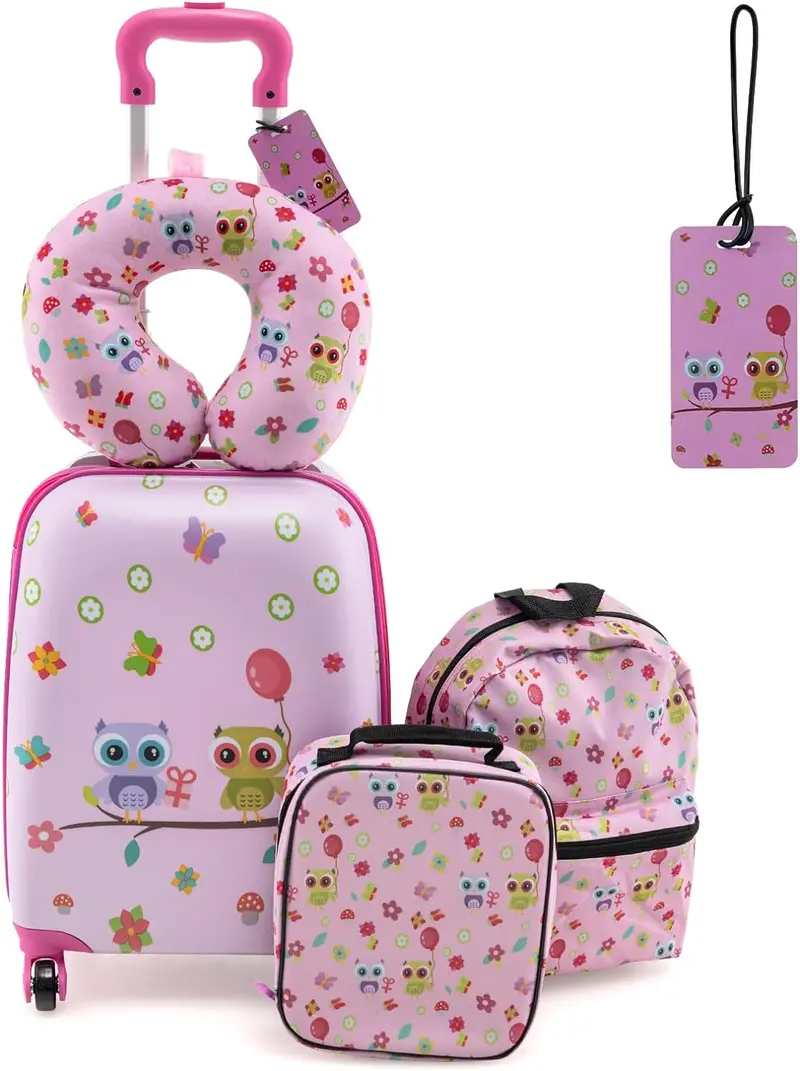 Goplus 5-teiliges Koffer-Set für Kinder: 15" Handgepäck-Koffer mit 13" Rucksack, Nackenkissen und Lunchbag