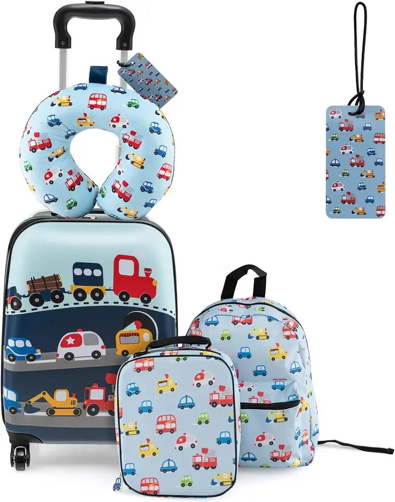 Goplus 5-teiliges Koffer-Set für Kinder: 15" Handgepäck-Koffer mit 13" Rucksack, Nackenkissen und Lunchbag