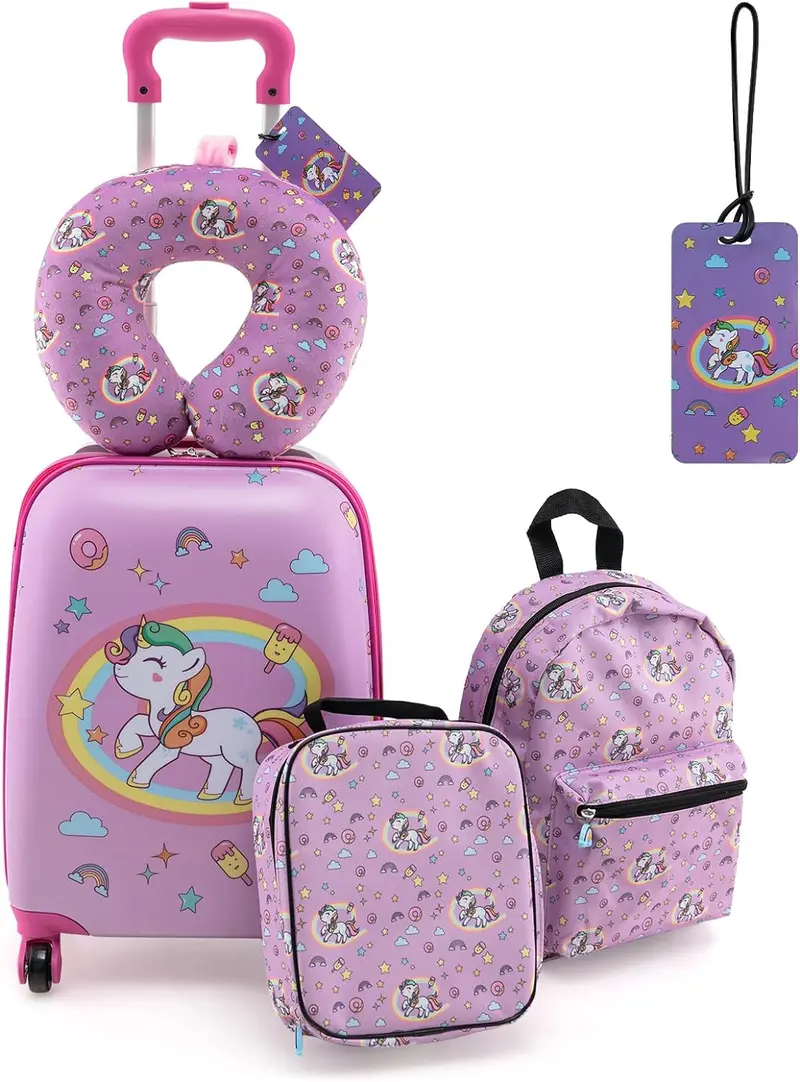 Goplus 5-teiliges Koffer-Set für Kinder: 15" Handgepäck-Koffer mit 13" Rucksack, Nackenkissen und Lunchbag