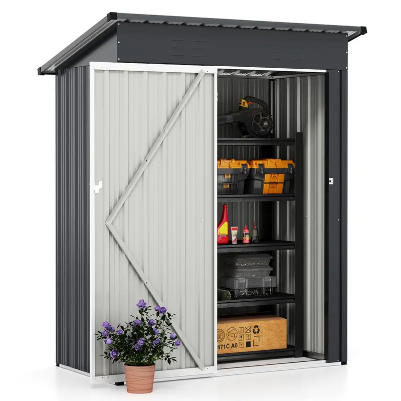 Goplus 5 x 3 ft Außenschuppen für die Lagerung, verzinktes Metall-Gerätehaus mit geneigtem Dach, 2 Lüftungsöffnungen und abschließbarer Tür