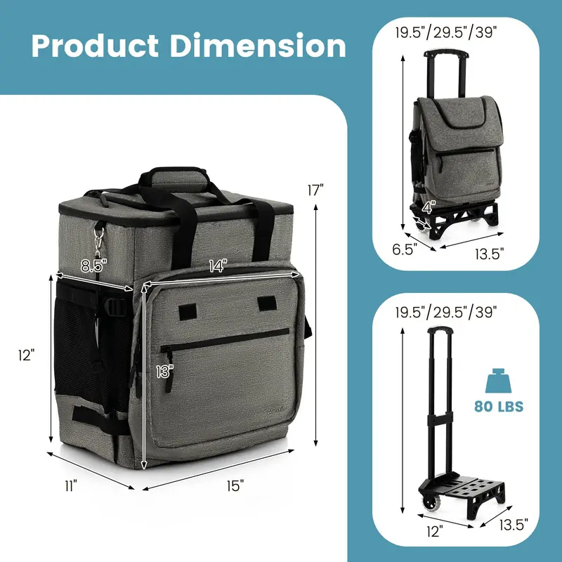 GoPlus 50-Dosen-klappbarer Rollkühler, 3-in-1 tragbarer isolierter Soft-Kühler mit beweglichen Rädern