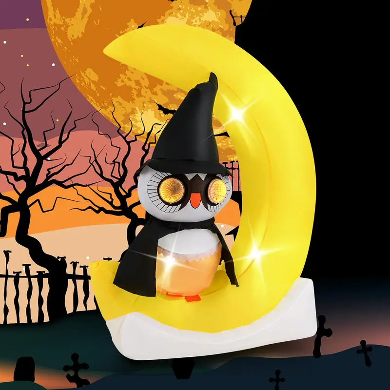 GoPlus 5,1 ft Halloween-Aufblasdekoration: Beleuchtete Eule auf dem Mond mit Hexenhut