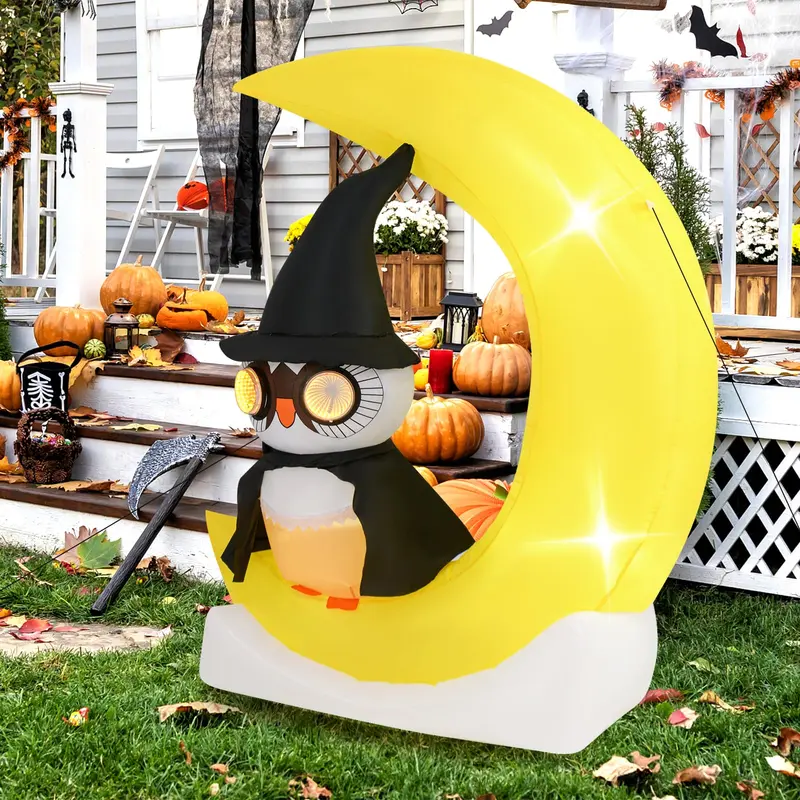 GoPlus 5,1 ft Halloween-Aufblasdekoration: Beleuchtete Eule auf dem Mond mit Hexenhut 2