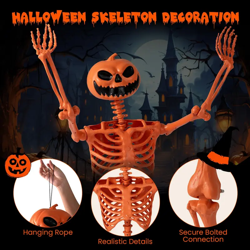 GoPlus 5,2 ft (ca. 158 cm) lebensgroßer, beweglicher Skelettdrache mit Kürbis-Kopf – Halloween-Dekoration in Orange