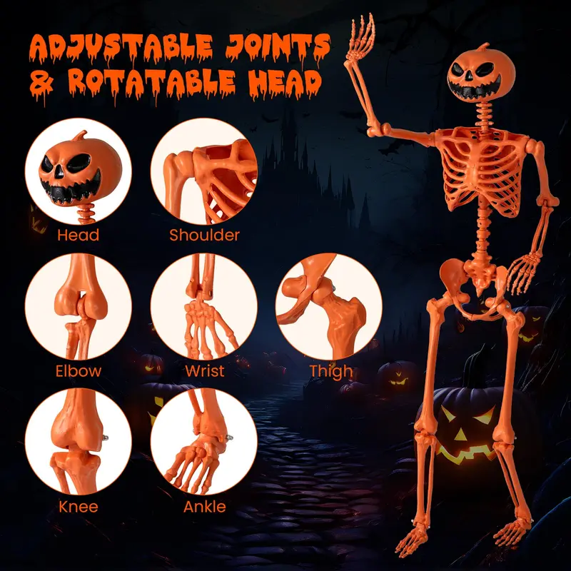 GoPlus 5,2 ft (ca. 158 cm) lebensgroßer, beweglicher Skelettdrache mit Kürbis-Kopf – Halloween-Dekoration in Orange