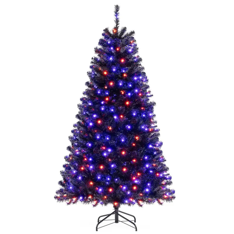 GoPlus 6/7/8 ft vorgefertigter schwarzer Halloween-Baum mit LED-Beleuchtung, künstlicher klappbarer Weihnachtsbaum mit 280/380/500 orangefarbenen und violetten LED-Leuchten