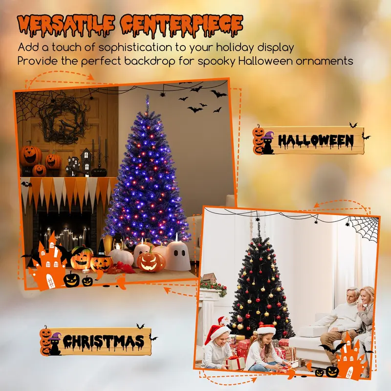 GoPlus 6/7/8 ft vorgefertigter schwarzer Halloween-Baum mit LED-Beleuchtung, künstlicher klappbarer Weihnachtsbaum mit 280/380/500 orangefarbenen und violetten LED-Leuchten 2