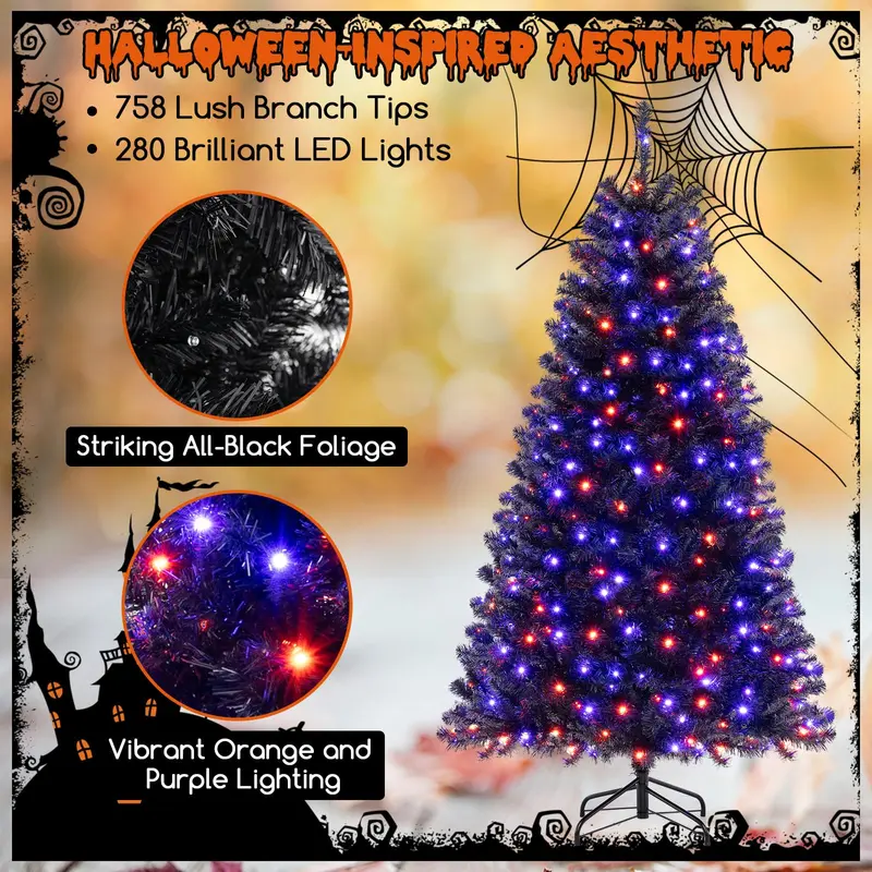 GoPlus 6/7/8 ft vorgefertigter schwarzer Halloween-Baum mit LED-Beleuchtung, künstlicher klappbarer Weihnachtsbaum mit 280/380/500 orangefarbenen und violetten LED-Leuchten