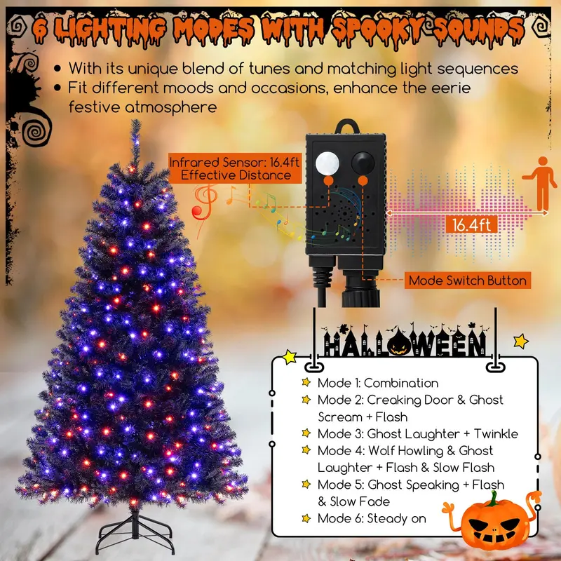 GoPlus 6/7/8 ft vorgefertigter schwarzer Halloween-Baum mit LED-Beleuchtung, künstlicher klappbarer Weihnachtsbaum mit 280/380/500 orangefarbenen und violetten LED-Leuchten