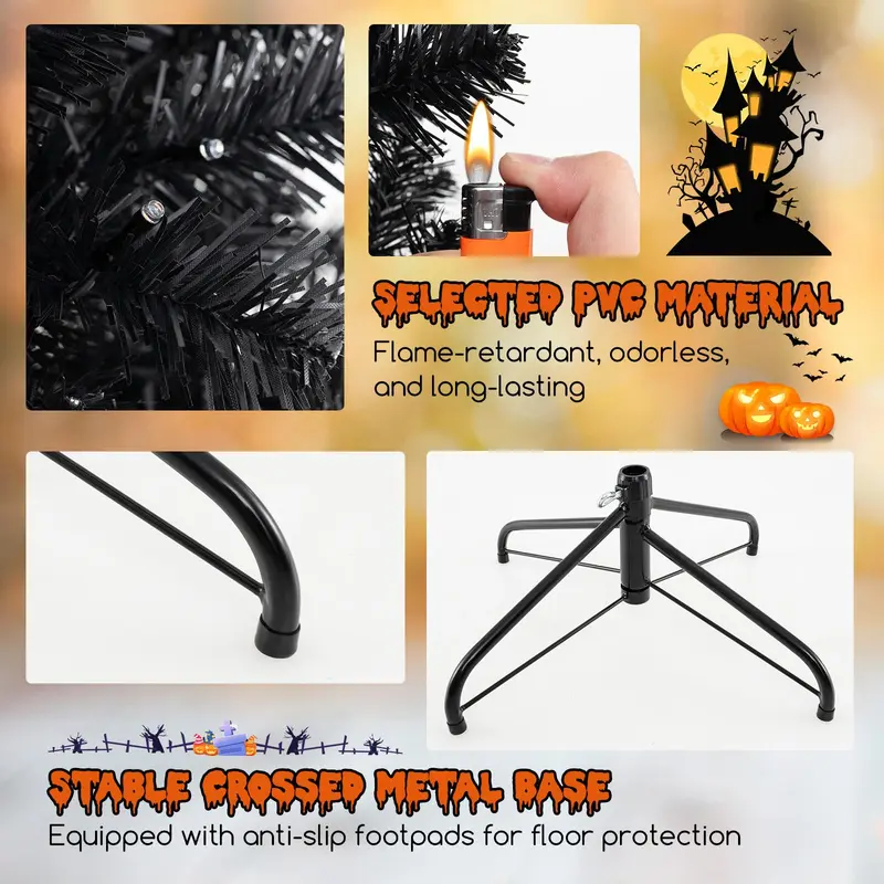 GoPlus 6/7/8 ft vorgefertigter schwarzer Halloween-Baum mit LED-Beleuchtung, künstlicher klappbarer Weihnachtsbaum mit 280/380/500 orangefarbenen und violetten LED-Leuchten