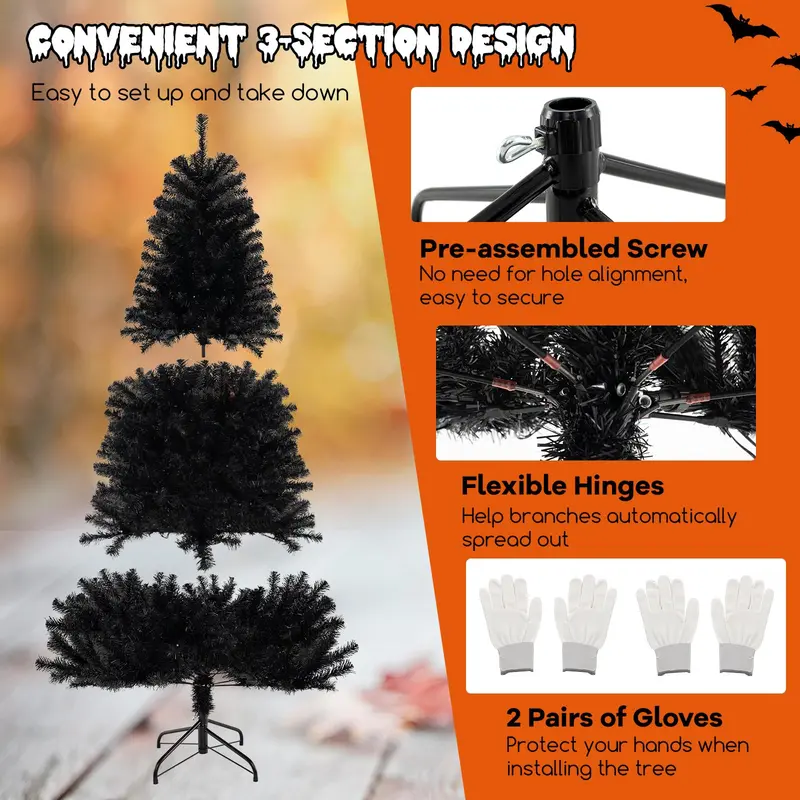 GoPlus 6/7/8 ft vorgefertigter schwarzer Halloween-Baum mit LED-Beleuchtung, künstlicher klappbarer Weihnachtsbaum mit 280/380/500 orangefarbenen und violetten LED-Leuchten