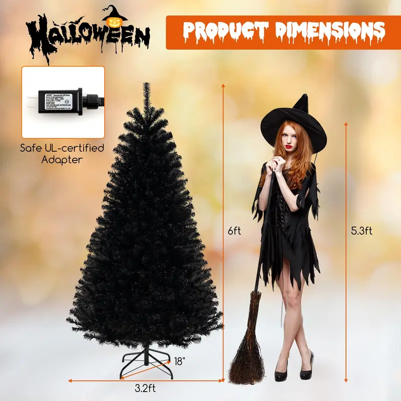 GoPlus 6/7/8 ft vorgefertigter schwarzer Halloween-Baum mit LED-Beleuchtung, künstlicher klappbarer Weihnachtsbaum mit 280/380/500 orangefarbenen und violetten LED-Leuchten