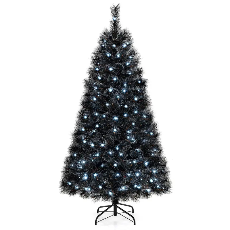 GoPlus 6/7/8 ft vorgefertigter schwarzer Halloween- und Weihnachtsbaum mit integrierter Beleuchtung, künstlicher, klappbarer Weihnachtsbaum mit 362/572/860 Nadelspitzen und PVC-Zweigspitzen