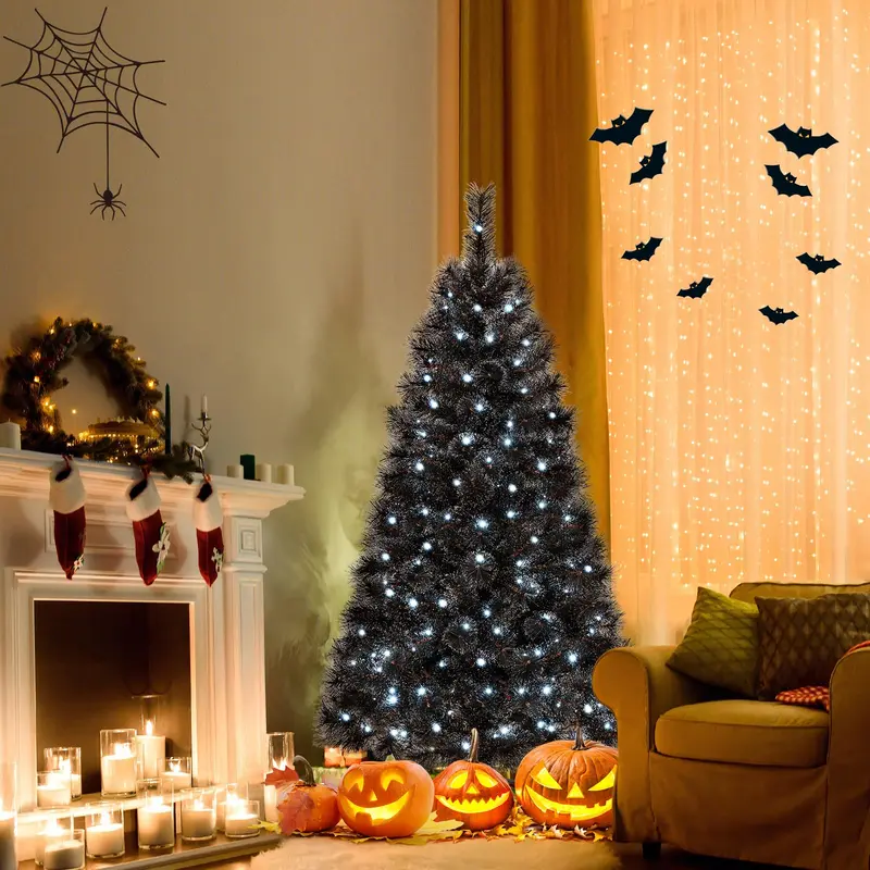 GoPlus 6/7/8 ft vorgefertigter schwarzer Halloween- und Weihnachtsbaum mit integrierter Beleuchtung, künstlicher, klappbarer Weihnachtsbaum mit 362/572/860 Nadelspitzen und PVC-Zweigspitzen 2