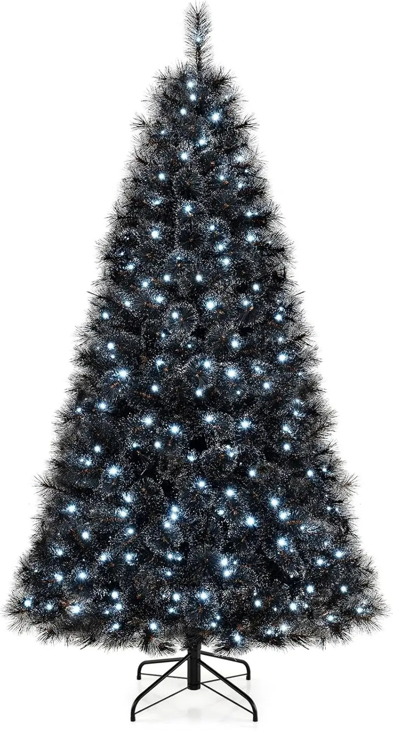 GoPlus 6/7/8 ft vorgefertigter schwarzer Halloween- und Weihnachtsbaum mit integrierter Beleuchtung, künstlicher, klappbarer Weihnachtsbaum mit 362/572/860 Nadelspitzen und PVC-Zweigspitzen