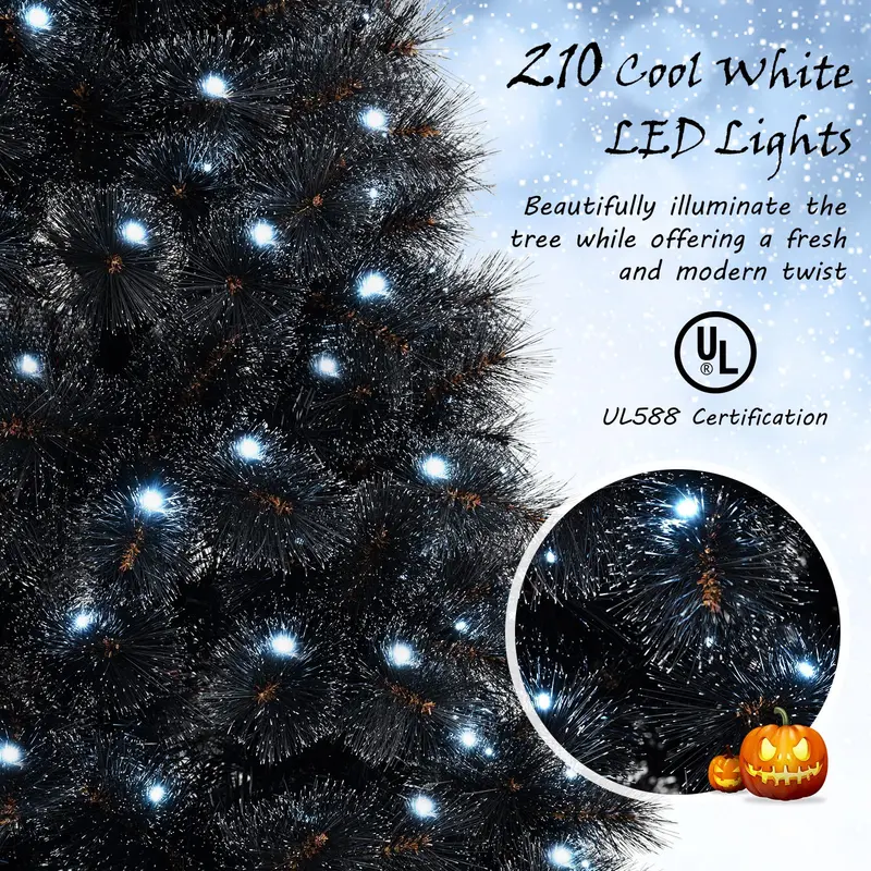 GoPlus 6/7/8 ft vorgefertigter schwarzer Halloween- und Weihnachtsbaum mit integrierter Beleuchtung, künstlicher, klappbarer Weihnachtsbaum mit 362/572/860 Nadelspitzen und PVC-Zweigspitzen