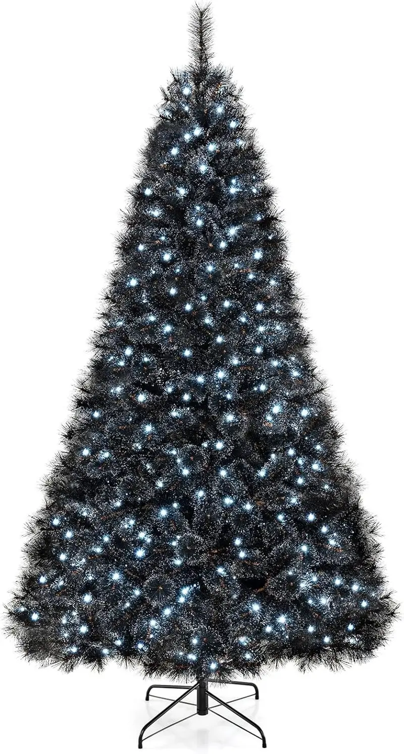 GoPlus 6/7/8 ft vorgefertigter schwarzer Halloween- und Weihnachtsbaum mit integrierter Beleuchtung, künstlicher, klappbarer Weihnachtsbaum mit 362/572/860 Nadelspitzen und PVC-Zweigspitzen