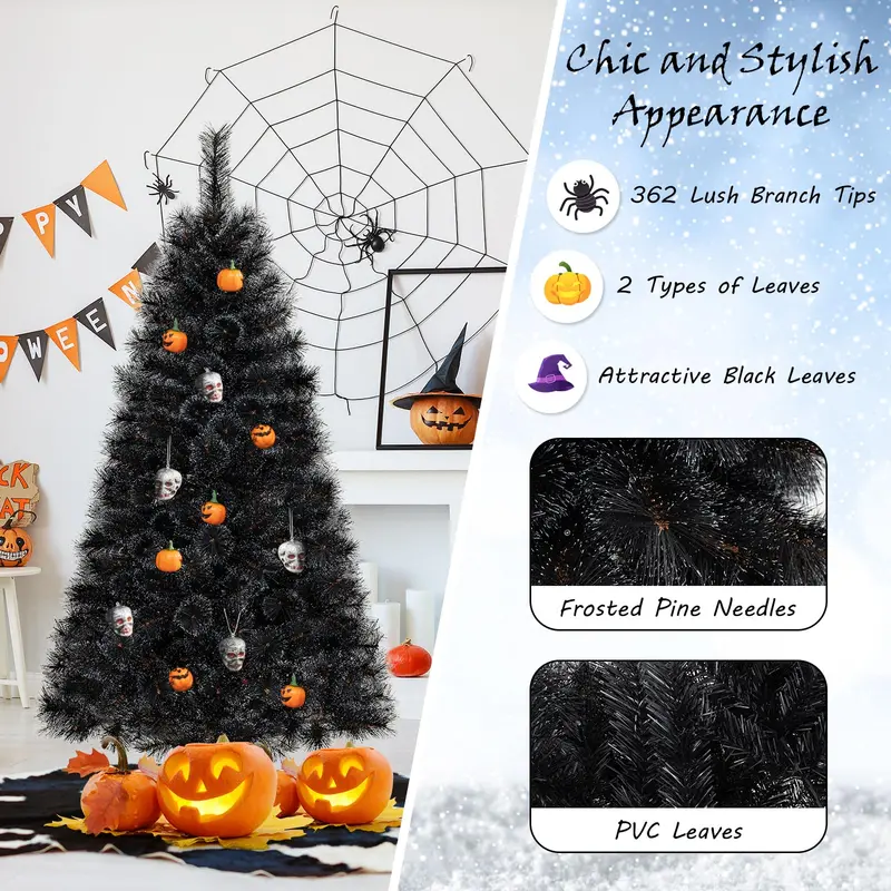 GoPlus 6/7/8 ft vorgefertigter schwarzer Halloween- und Weihnachtsbaum mit integrierter Beleuchtung, künstlicher, klappbarer Weihnachtsbaum mit 362/572/860 Nadelspitzen und PVC-Zweigspitzen